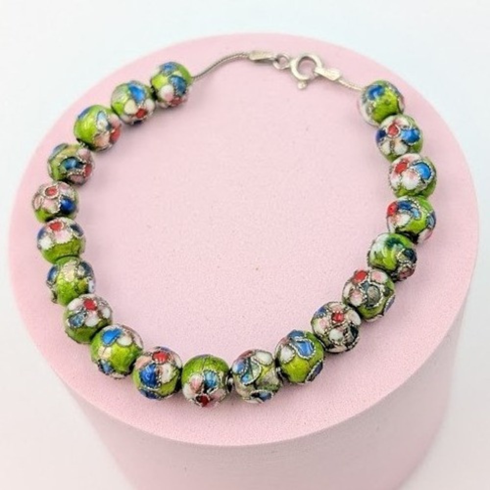 VTG 925 Sterling Silver Cloisonne Green Floral Bead Bracelet‎ Garden Party Italy